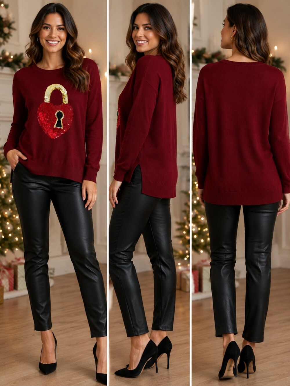 Markus Lupfer 100% Merino Wool Red Sequin Heart Lock Sweater Women’s Medium